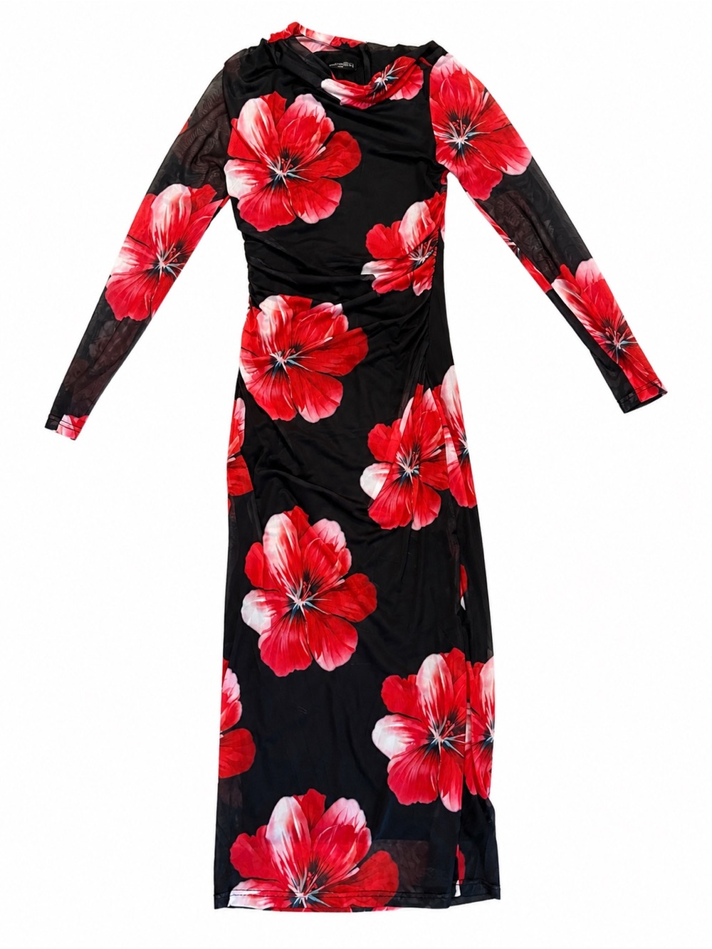 NWT MEROKEETY Red Floral Mesh Maxi Dress Size Small Bodycon Long Sleeve - Picture 2 of 4